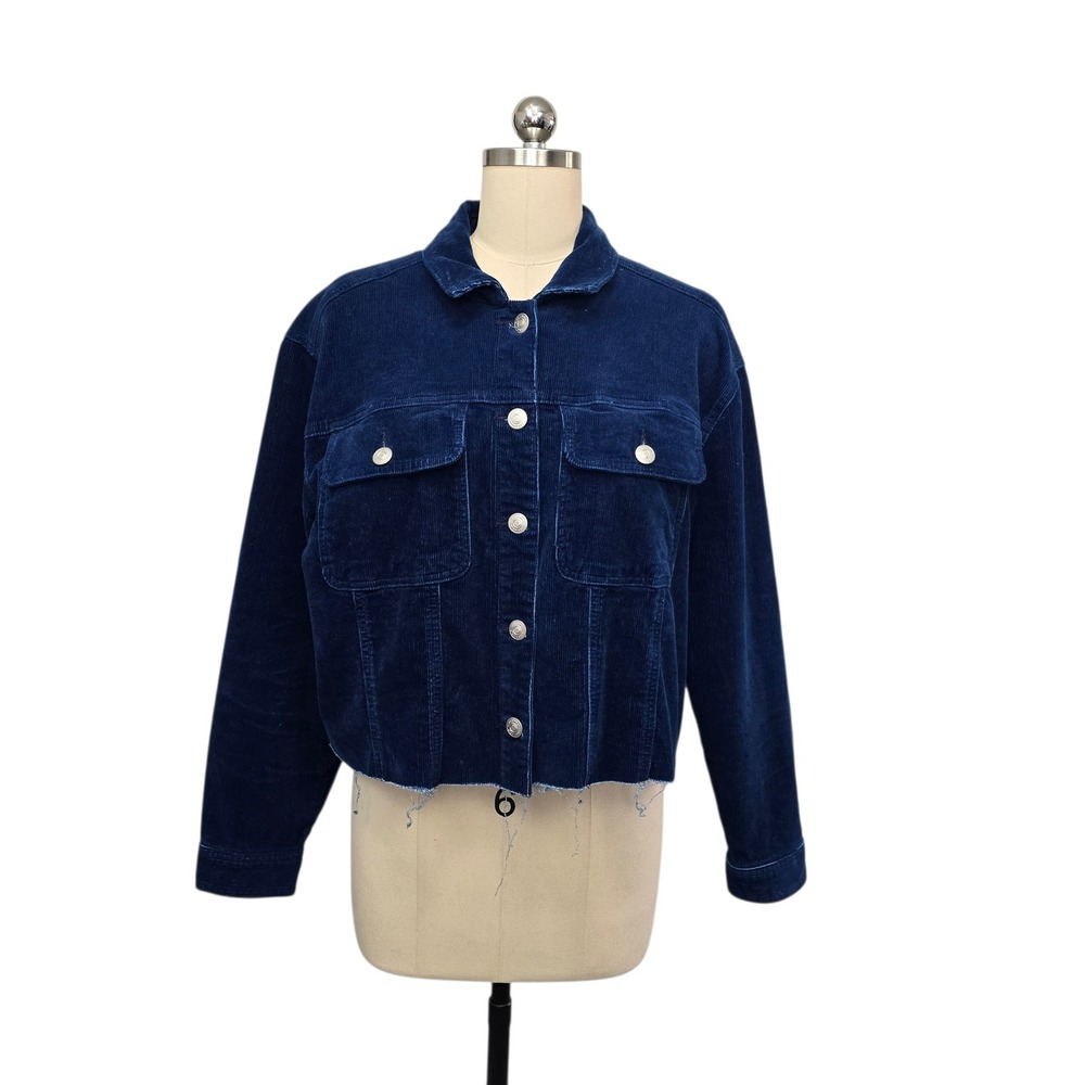 Cleo + Wolf Navy Blue Corduroy Cropped Trucker Jacket Raw Hem Womens Medium M
